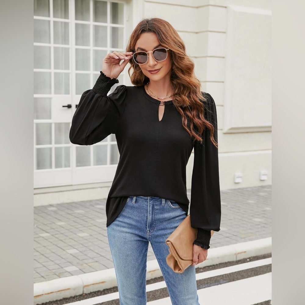 Blooming Jelly Womens Long Sleeve Top V Neck Puff Sleeve Shirt Keyhole Blouse